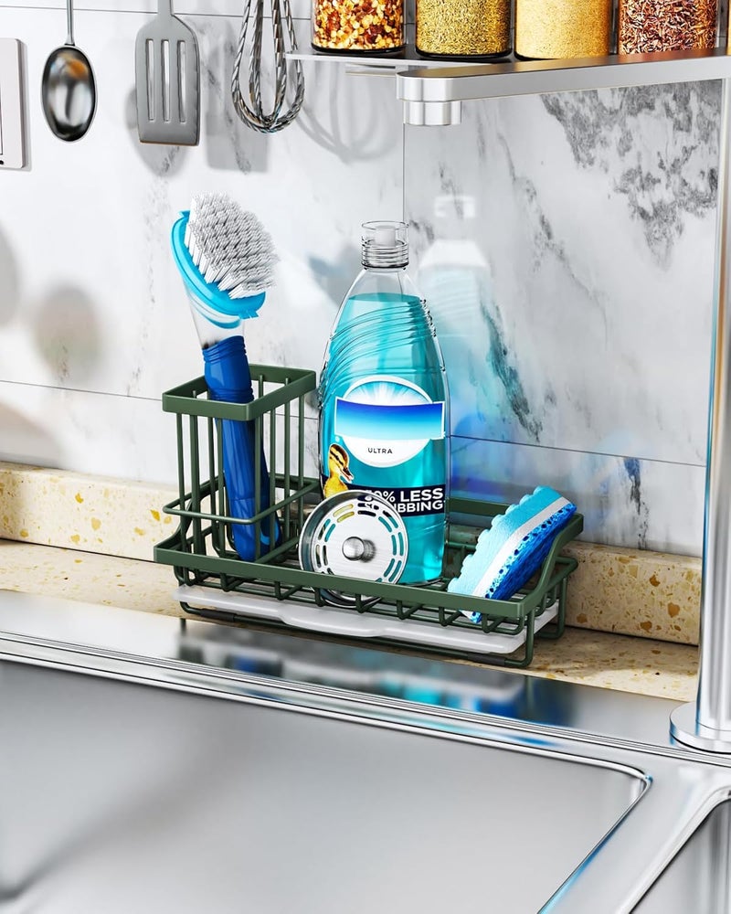 Consumest Sponge Holder for Kitchen Sink - Kitchen Sink Caddy Organizer with Removable Drip Tray for Countertop Dish Soap Dispenser Brush Storage Accessories 304 Stainless Steel, Green - Image 3